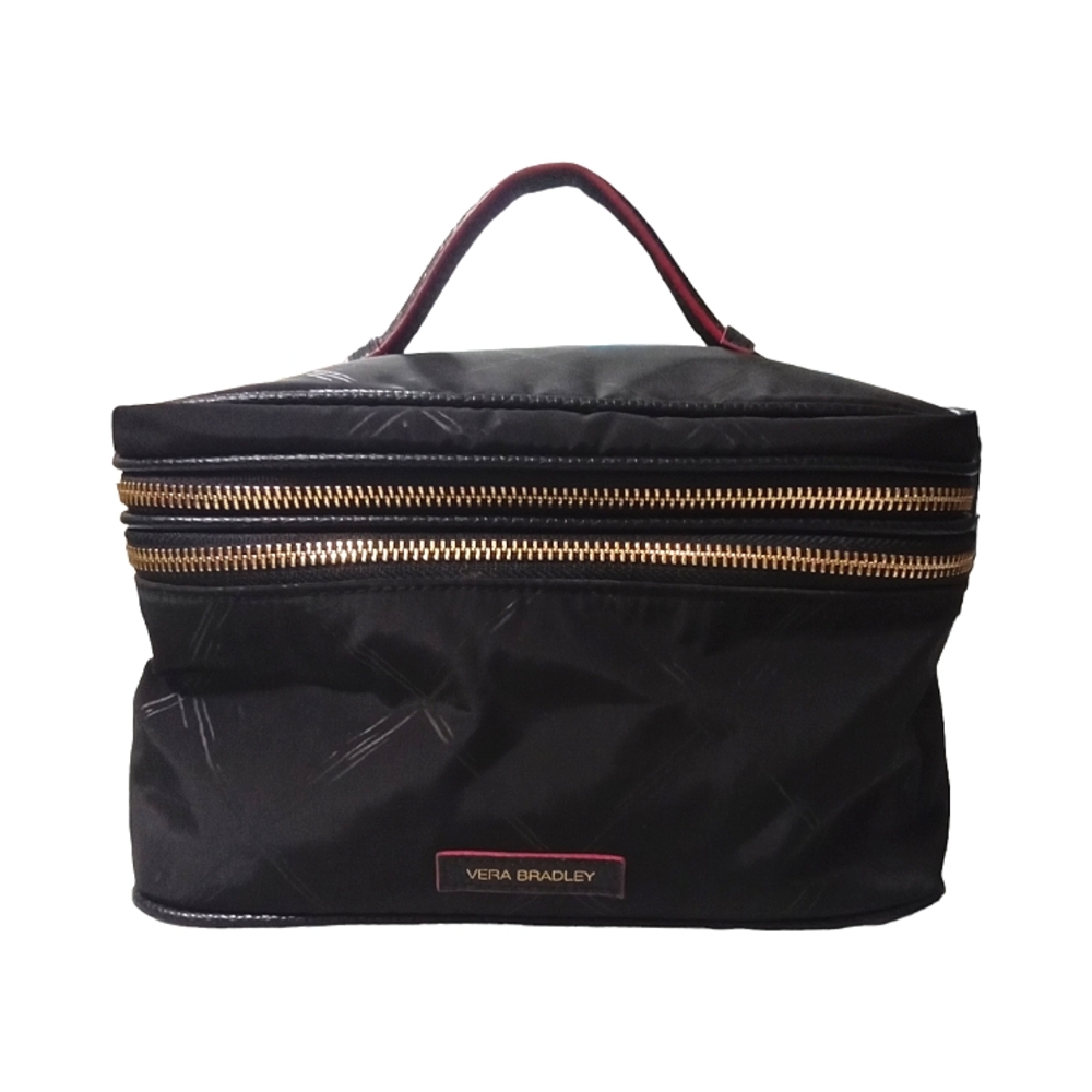 Vera Bradley Poly Brush Up Cosmetic Case Black with Red 2 Zippers